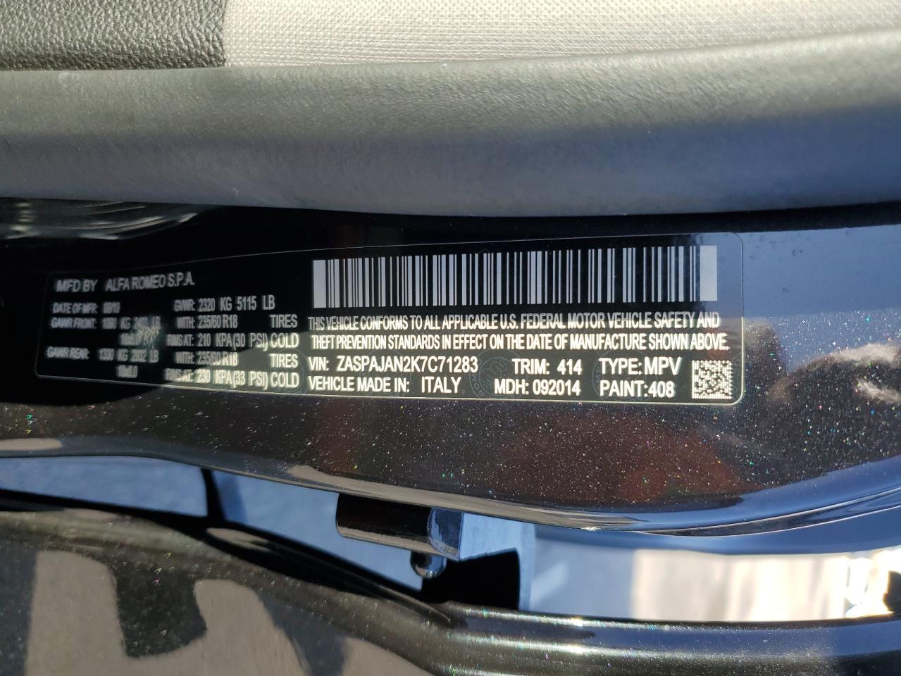 2019 Alfa Romeo Stelvio VIN: ZASPAJAN2K7C71283 Lot: 52326975