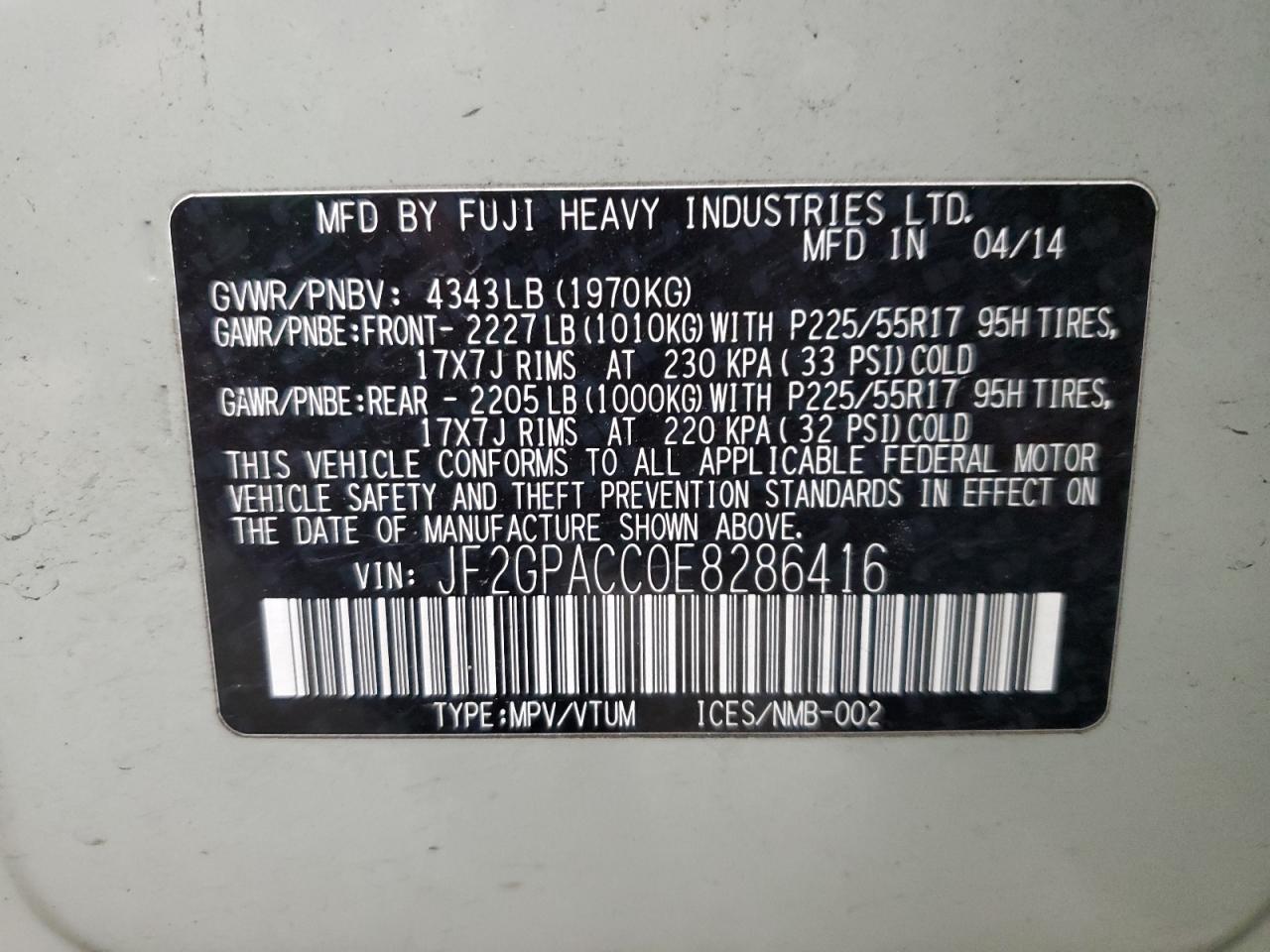2014 Subaru Xv Crosstrek 2.0 Premium VIN: JF2GPACC0E8286416 Lot: 53438425