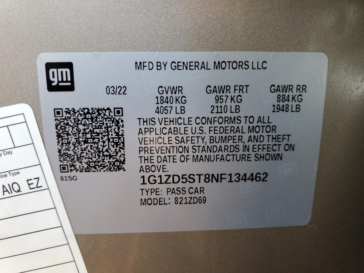 1G1ZD5ST8NF134462 CHEVROLET MALIBU 2022