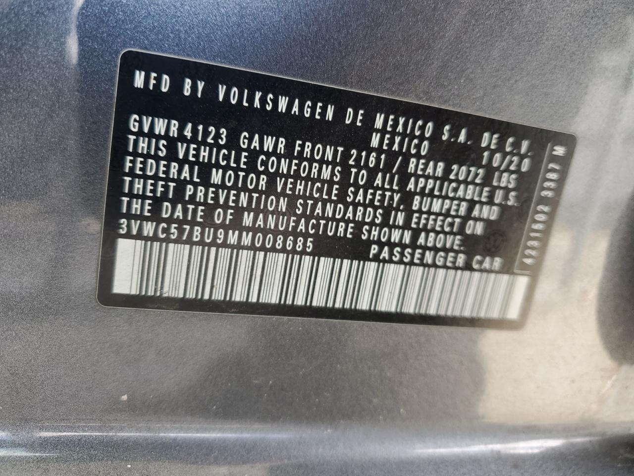 2021 Volkswagen Jetta S VIN: 3VWC57BU9MM008685 Lot: 52121085