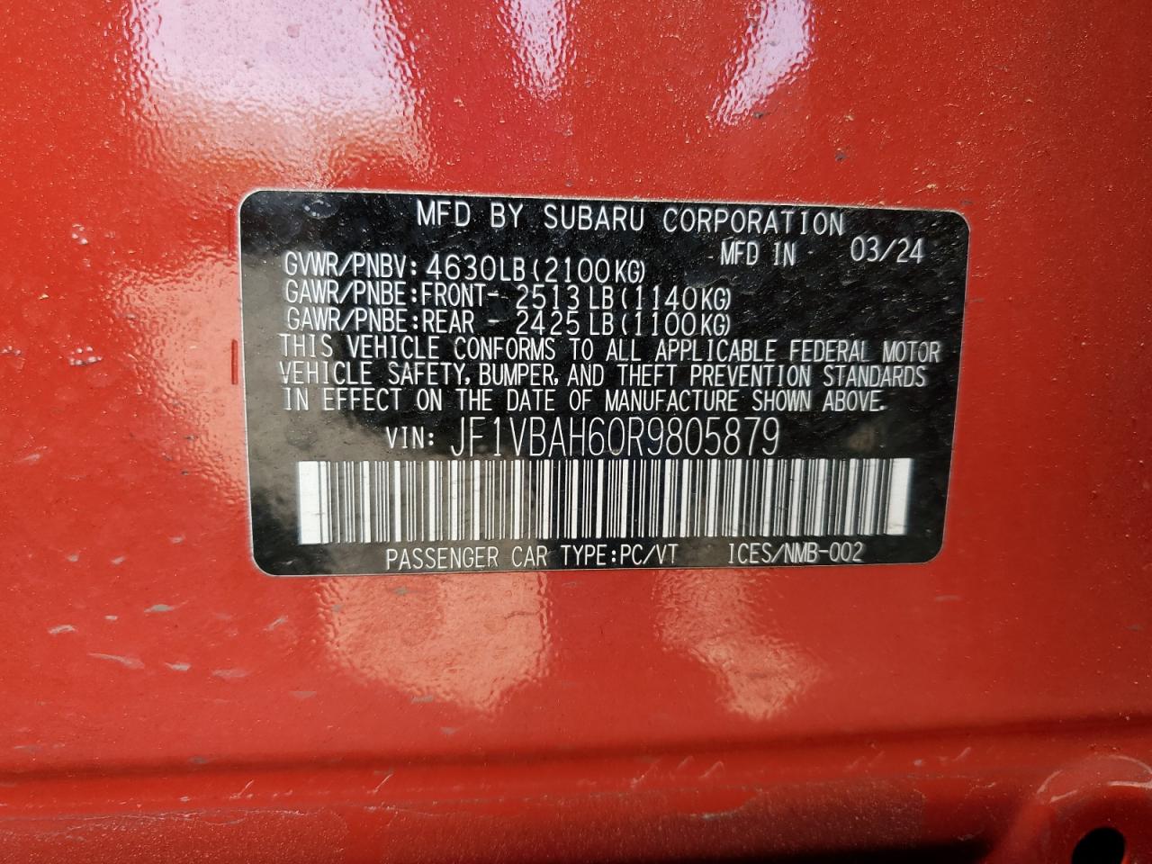 2024 Subaru Wrx Premium VIN: JF1VBAH60R9805879 Lot: 54992275