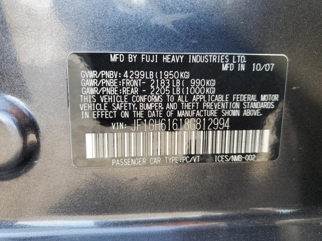 2008 Subaru Impreza 2.5I VIN: JF1GH61618G812994 Lot: 54429495