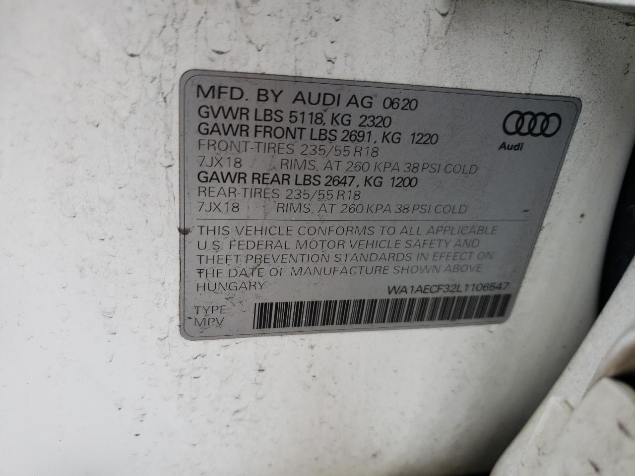 2020 Audi Q3 Premium VIN: WA1AECF32L1106547 Lot: 53341655