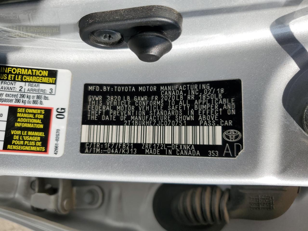 2018 Toyota Corolla L VIN: 2T1BURHE7JC070751 Lot: 55310495