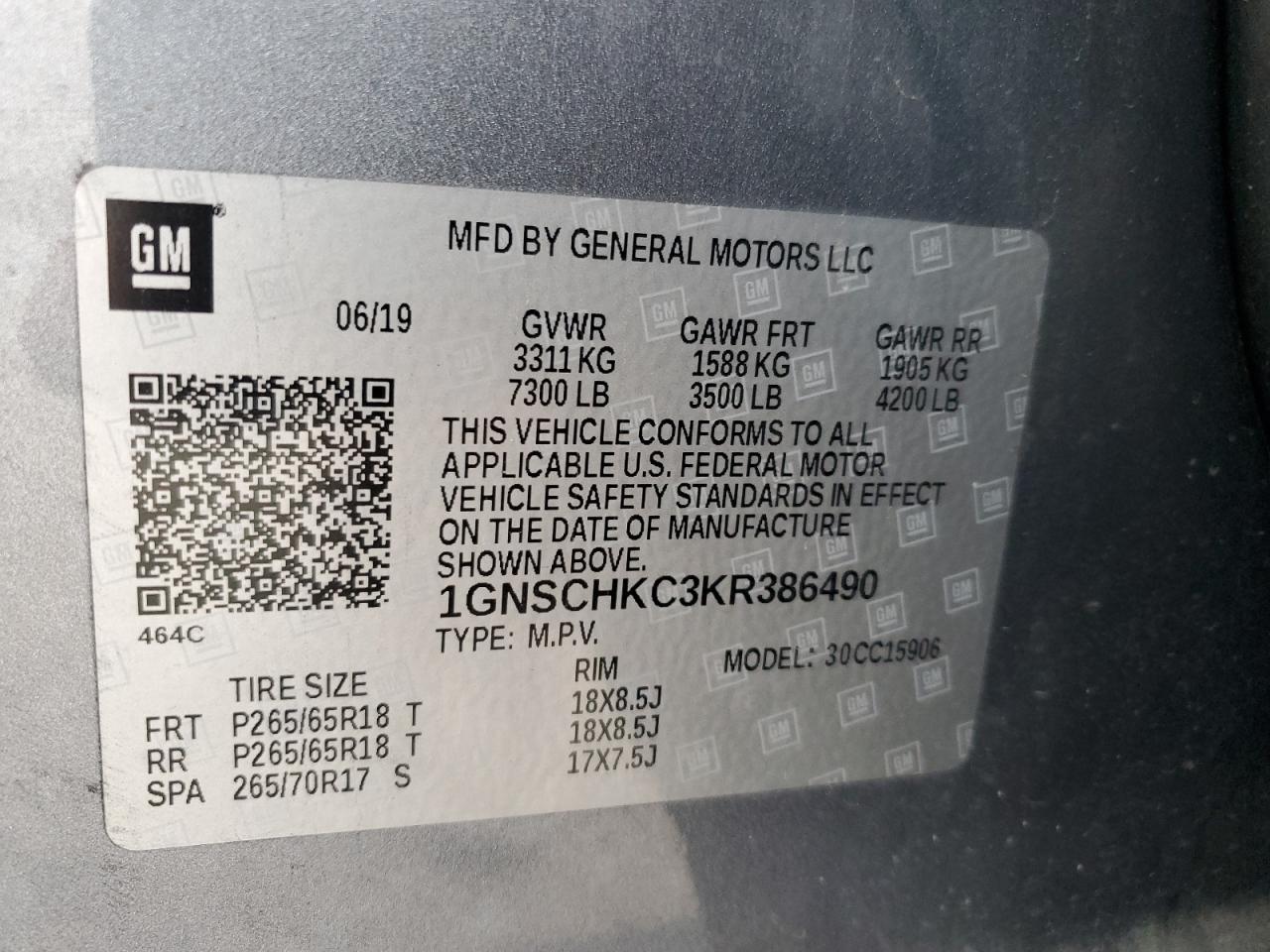 1GNSCHKC3KR386490 CHEVROLET SUBURBAN 2019