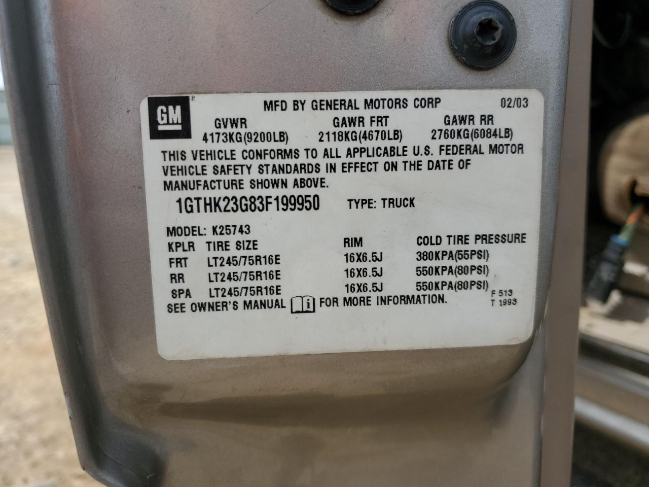 2003 GMC Sierra K2500 Heavy Duty VIN: 1GTHK23G83F199950 Lot: 54575835