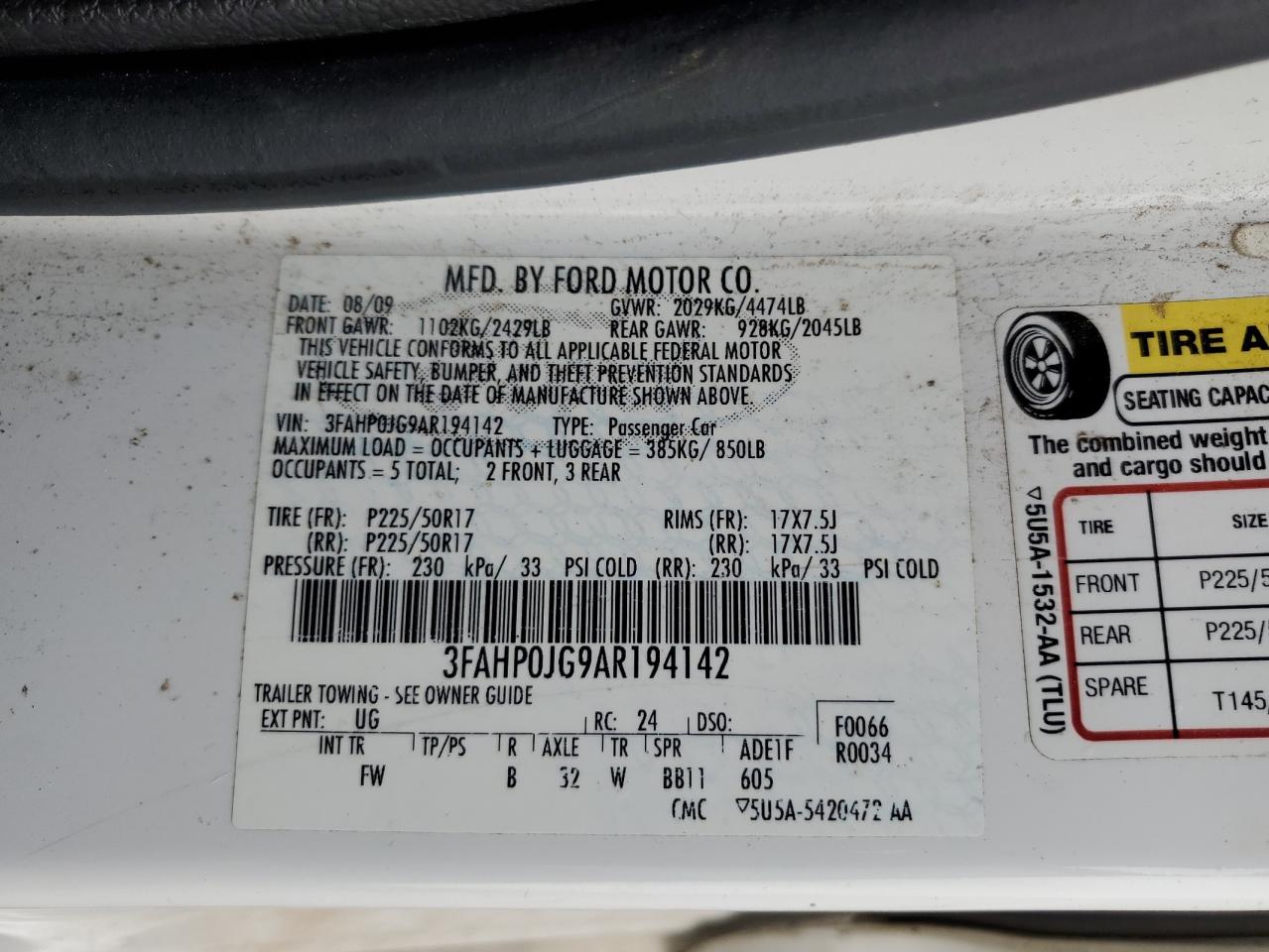 2010 Ford Fusion Sel VIN: 3FAHP0JG9AR194142 Lot: 51521885