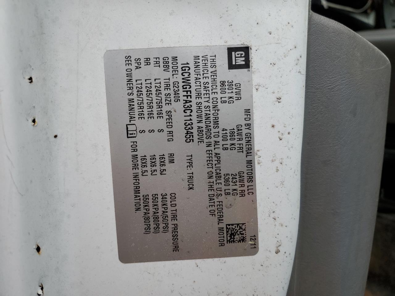 2012 Chevrolet Express G2500 VIN: 1GCWGFFA3C1133455 Lot: 53094555