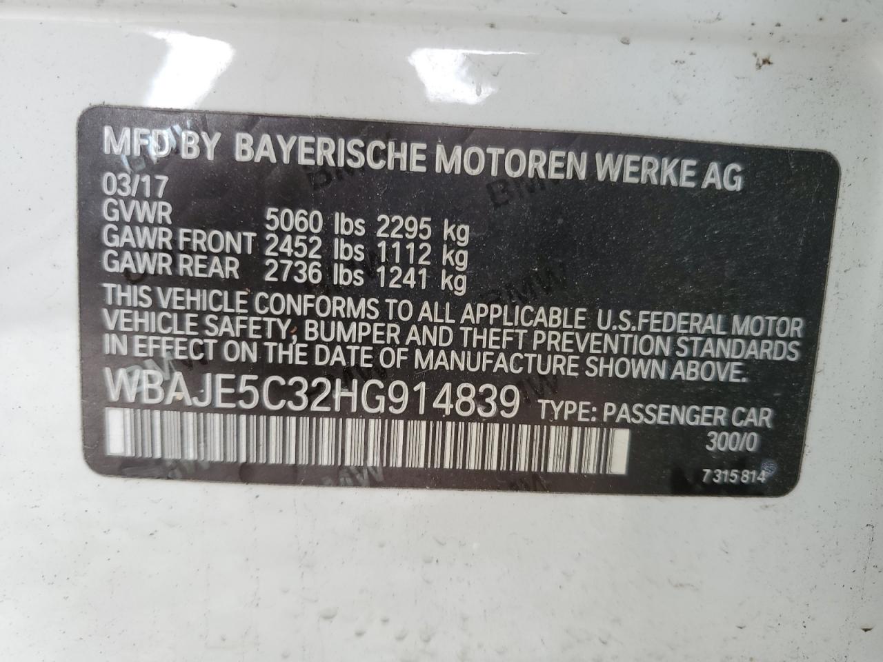 2017 BMW 540 I VIN: WBAJE5C32HG914839 Lot: 54565725