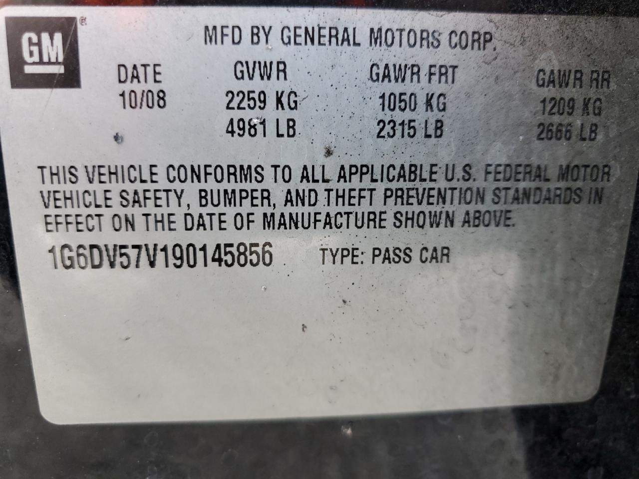 2009 Cadillac Cts Hi Feature V6 VIN: 1G6DV57V190145856 Lot: 54607775