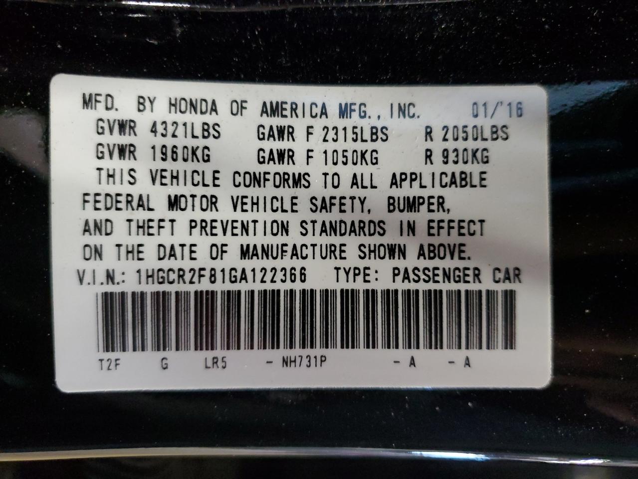 1hgcr2f81ga122366 1HGCR2F81GA122366 2016 Honda Accord Exl
