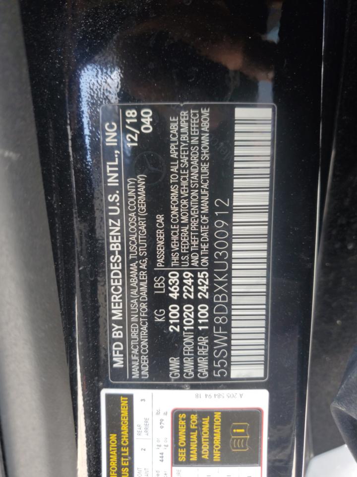 2019 Mercedes-Benz C 300 VIN: 55SWF8DBXKU300912 Lot: 53937745