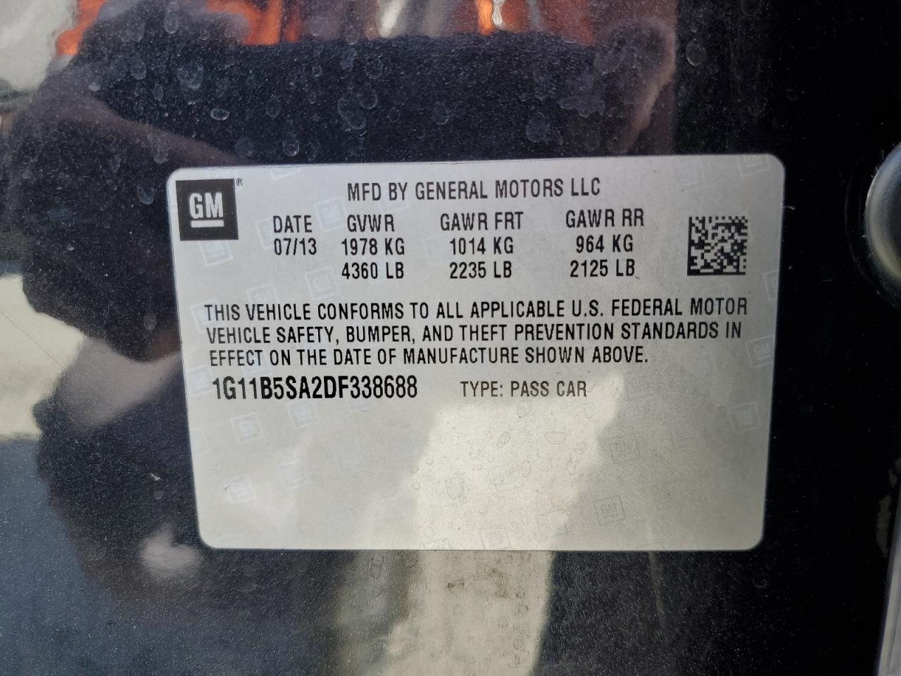 2013 Chevrolet Malibu Ls VIN: 1G11B5SA2DF338688 Lot: 54451605