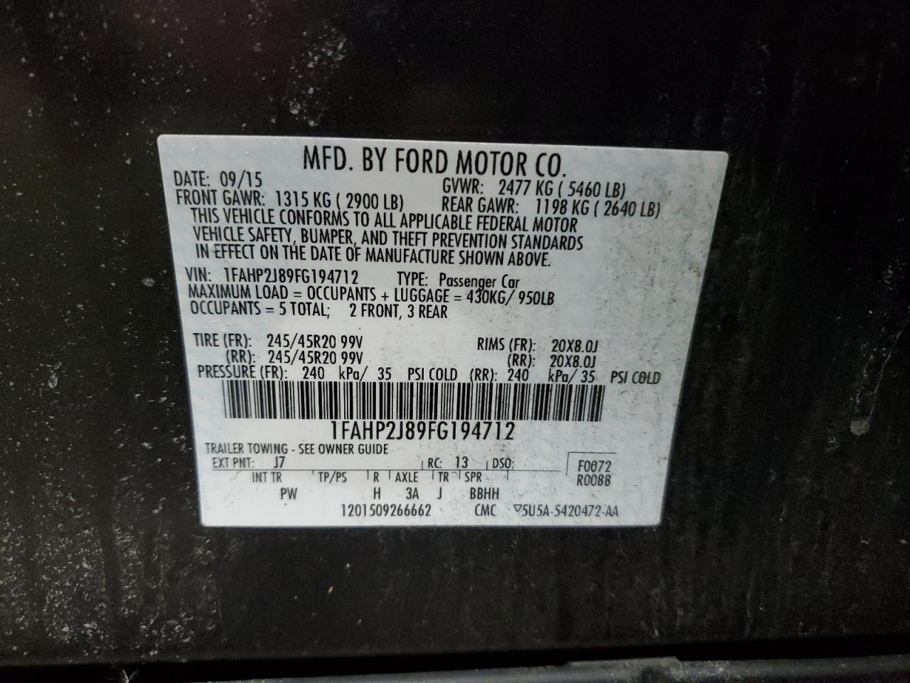 2015 Ford Taurus Limited VIN: 1FAHP2J89FG194712 Lot: 52046005