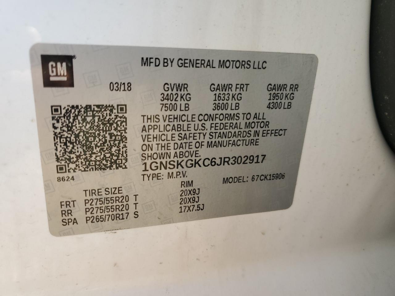 2018 Chevrolet Suburban K1500 Ls VIN: 1GNSKGKC6JR302917 Lot: 53651005