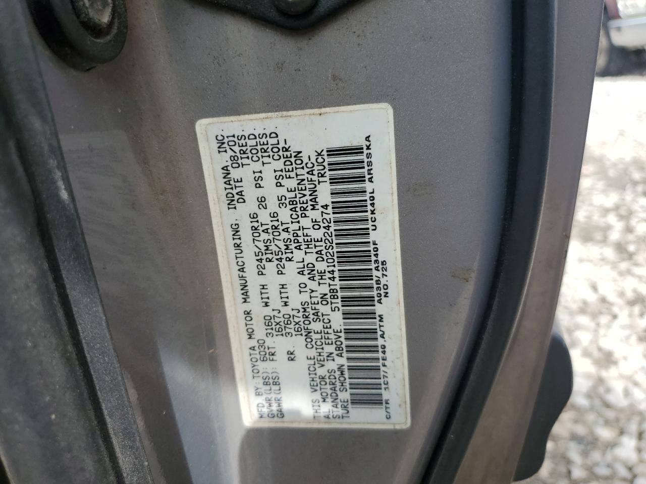 2002 Toyota Tundra Access Cab VIN: 5TBBT44102S224274 Lot: 54825045