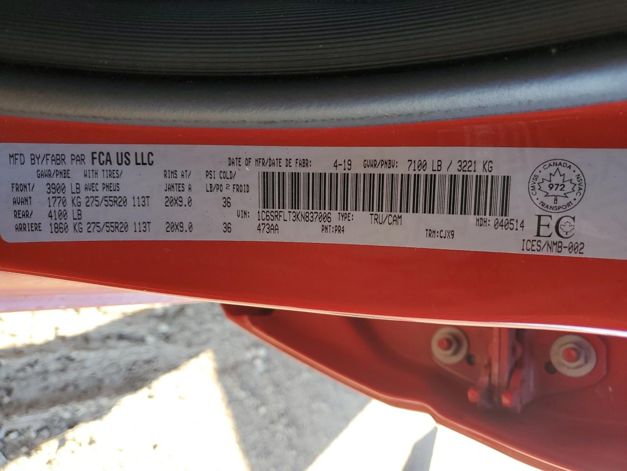 2019 Ram 1500 Rebel VIN: 1C6SRFLT3KN837006 Lot: 53104815