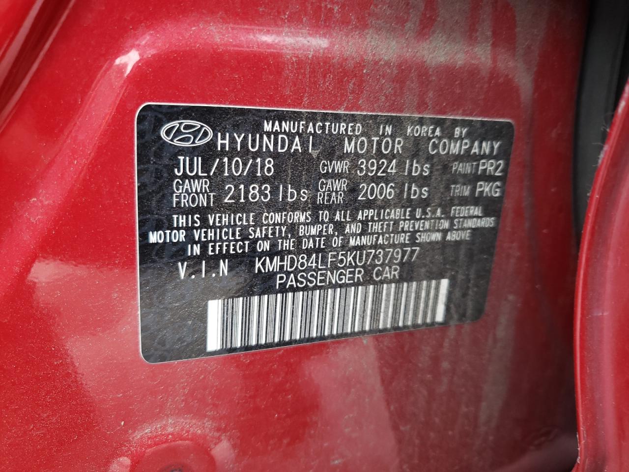 2019 Hyundai Elantra Sel VIN: KMHD84LF5KU737977 Lot: 55155125