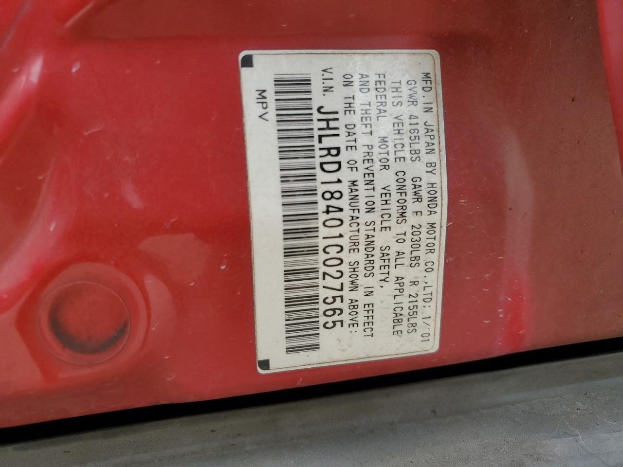 2001 Honda Cr-V Lx VIN: JHLRD18401C027565 Lot: 53522255