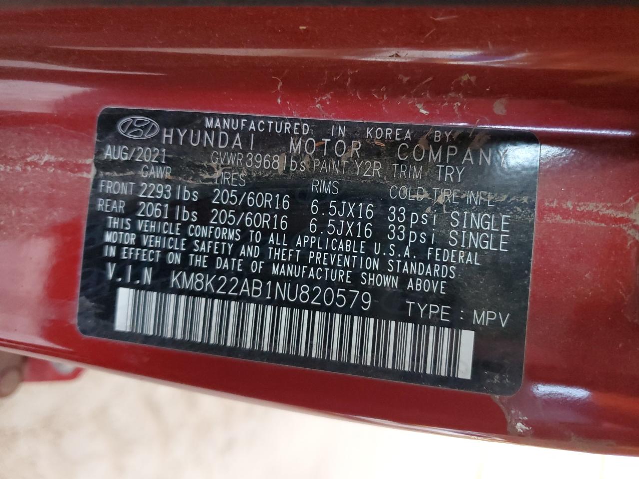2022 Hyundai Kona Sel VIN: KM8K22AB1NU820579 Lot: 55270415
