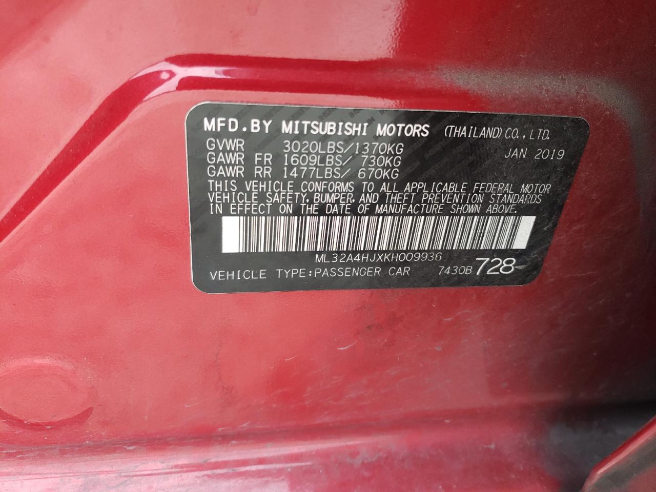 2019 Mitsubishi Mirage Se VIN: ML32A4HJXKH009936 Lot: 51953145