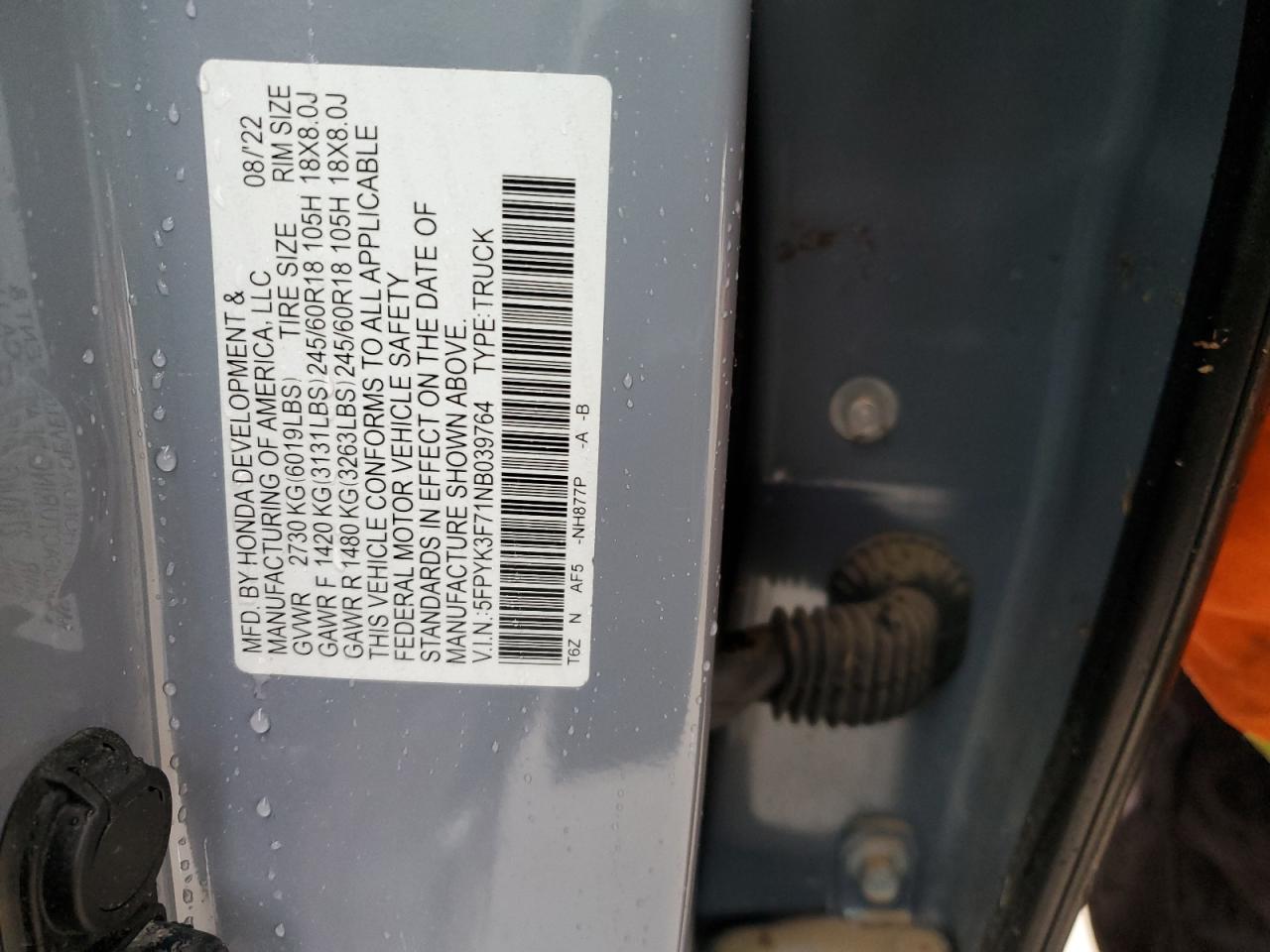 2022 Honda Ridgeline Rtl VIN: 5FPYK3F71NB039764 Lot: 52615235