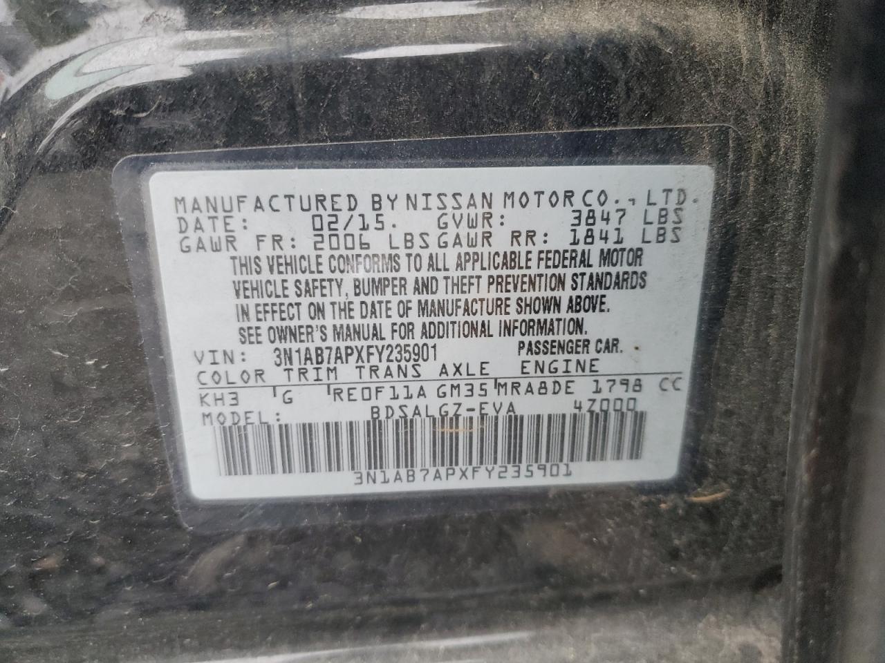 2015 Nissan Sentra S VIN: 3N1AB7APXFY235901 Lot: 53129755