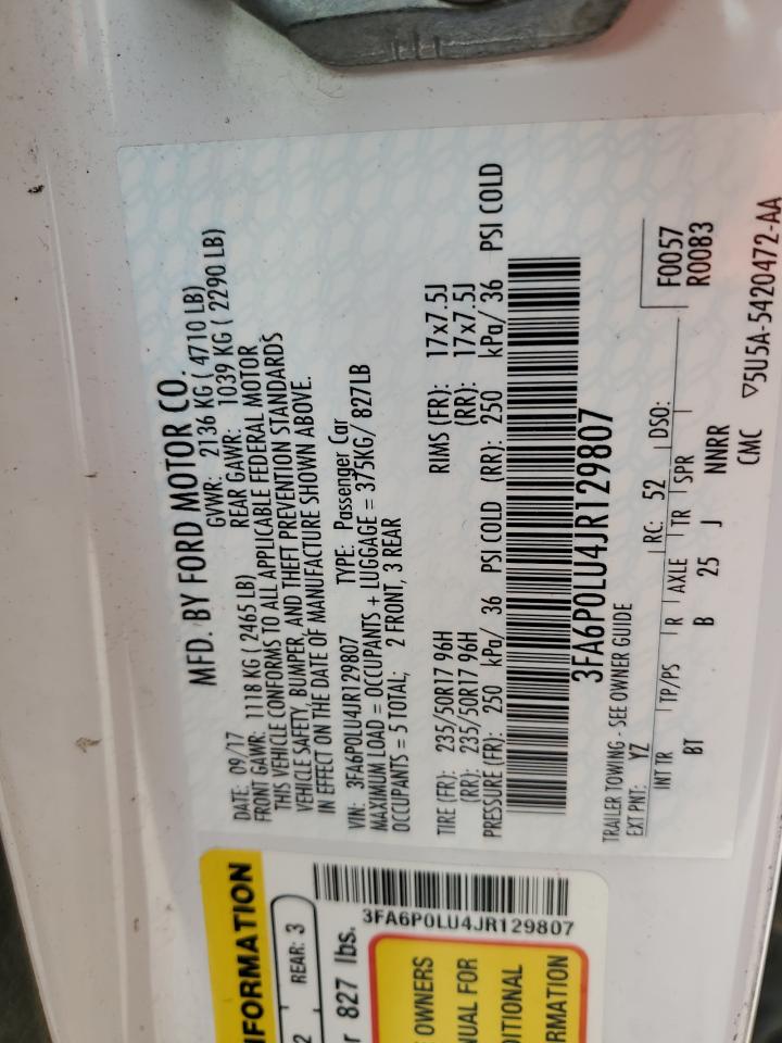 2018 Ford Fusion Se Hybrid VIN: 3FA6P0LU4JR129807 Lot: 54032325