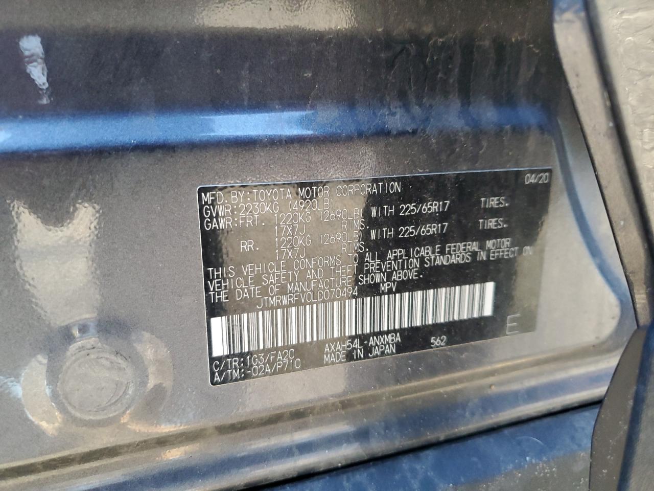 JTMRWRFV0LD070494 TOYOTA RAV4 2020