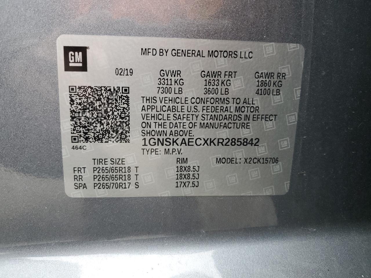 1GNSKAECXKR285842 CHEVROLET TAHOE 2019