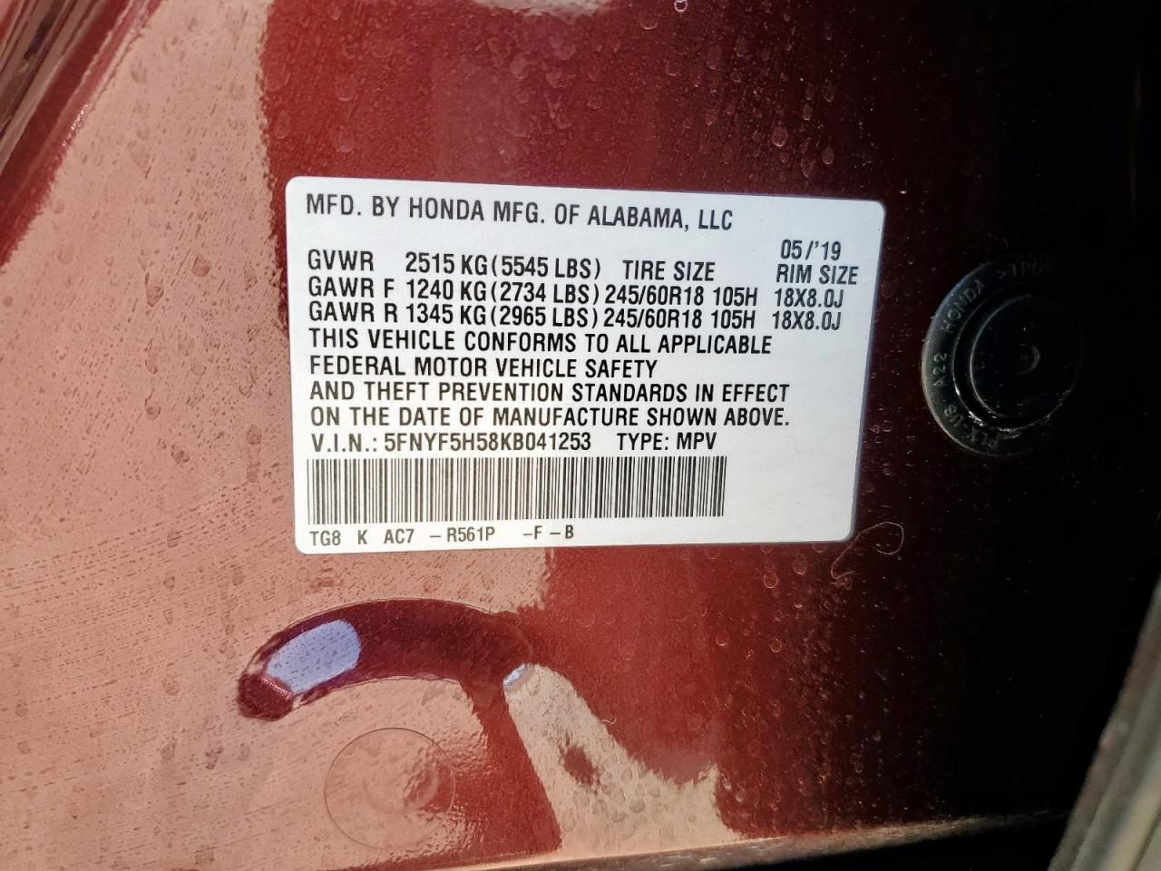 5FNYF5H58KB041253 HONDA PILOT 2019