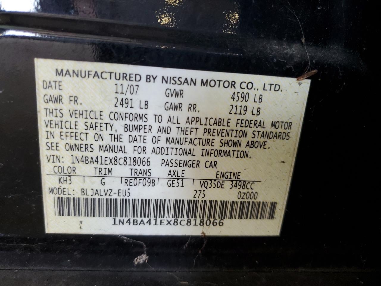 2008 Nissan Maxima Se VIN: 1N4BA41EX8C818066 Lot: 53947875