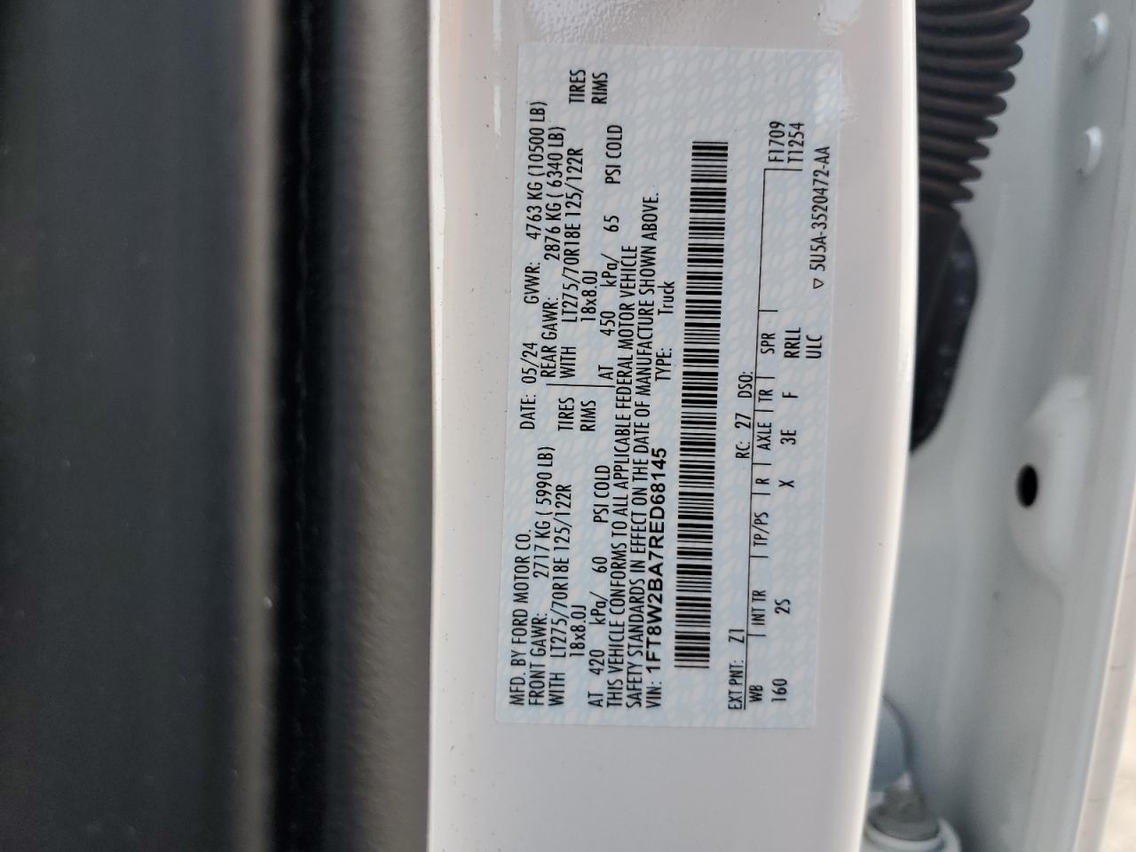 2024 Ford F250 Super Duty VIN: 1FT8W2BA7RED68145 Lot: 53981265