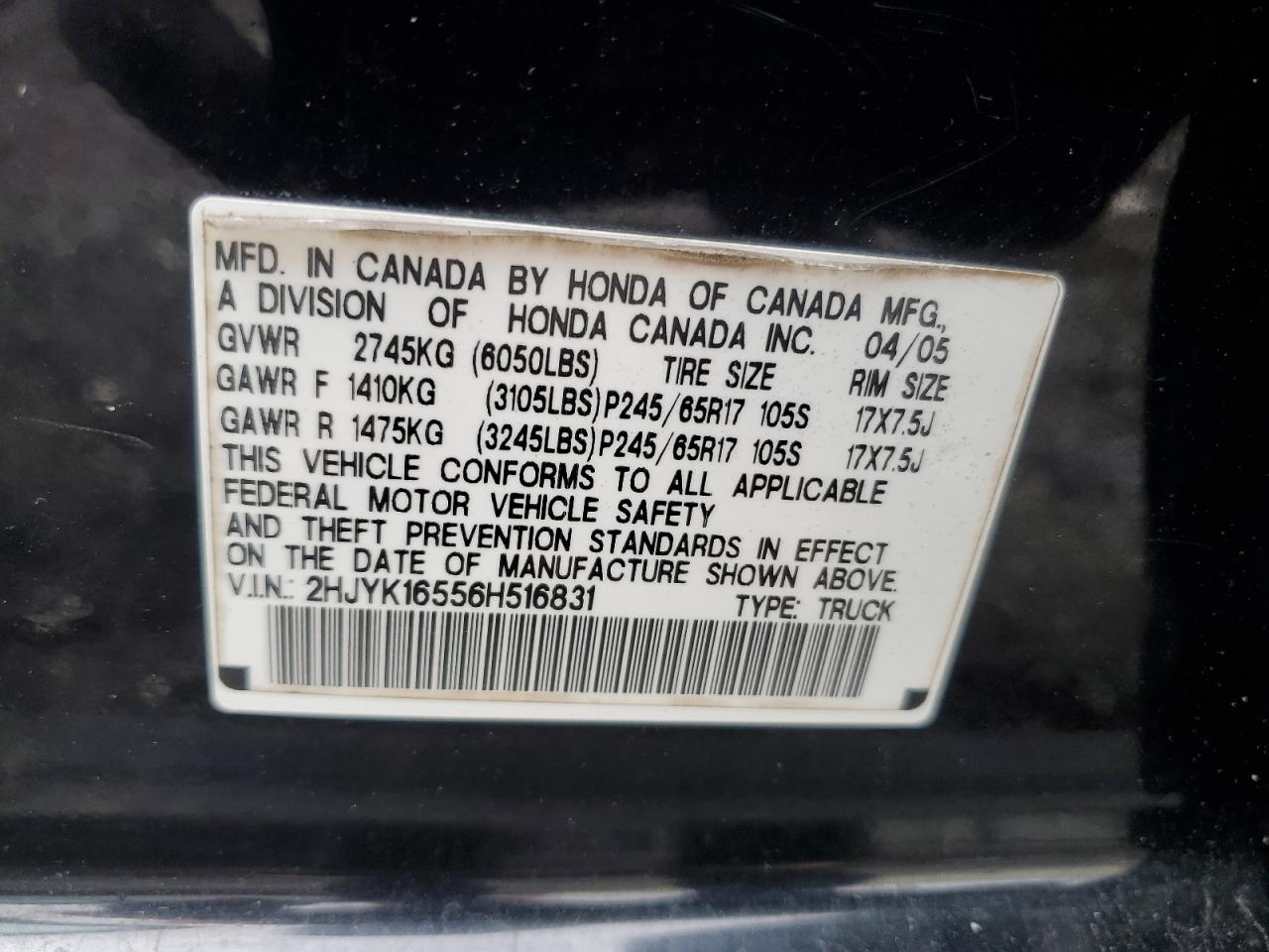 2006 Honda Ridgeline Rtl VIN: 2HJYK16556H516831 Lot: 52896565