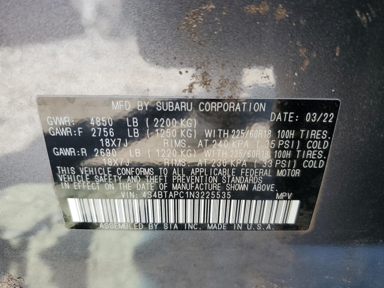 2022 Subaru Outback Touring VIN: 4S4BTAPC1N3225535 Lot: 53825385