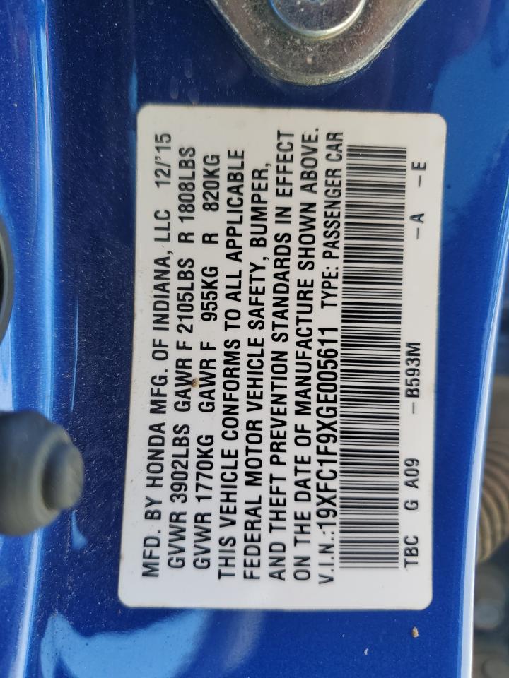 19XFC1F9XGE005611 HONDA CIVIC 2016
