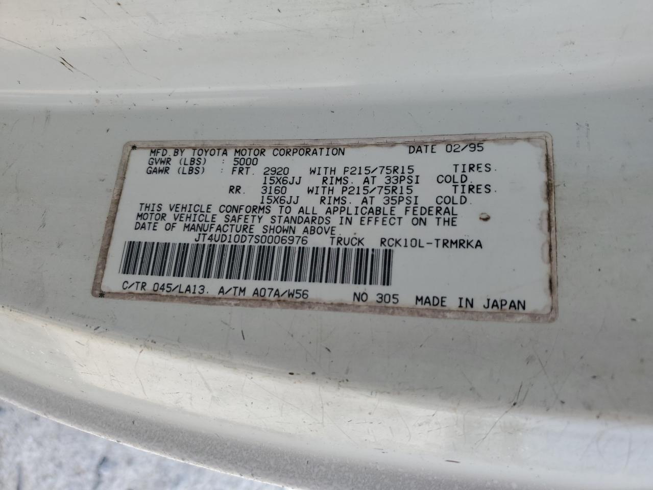 1995 Toyota T100 VIN: JT4UD10D7S0006976 Lot: 52894825