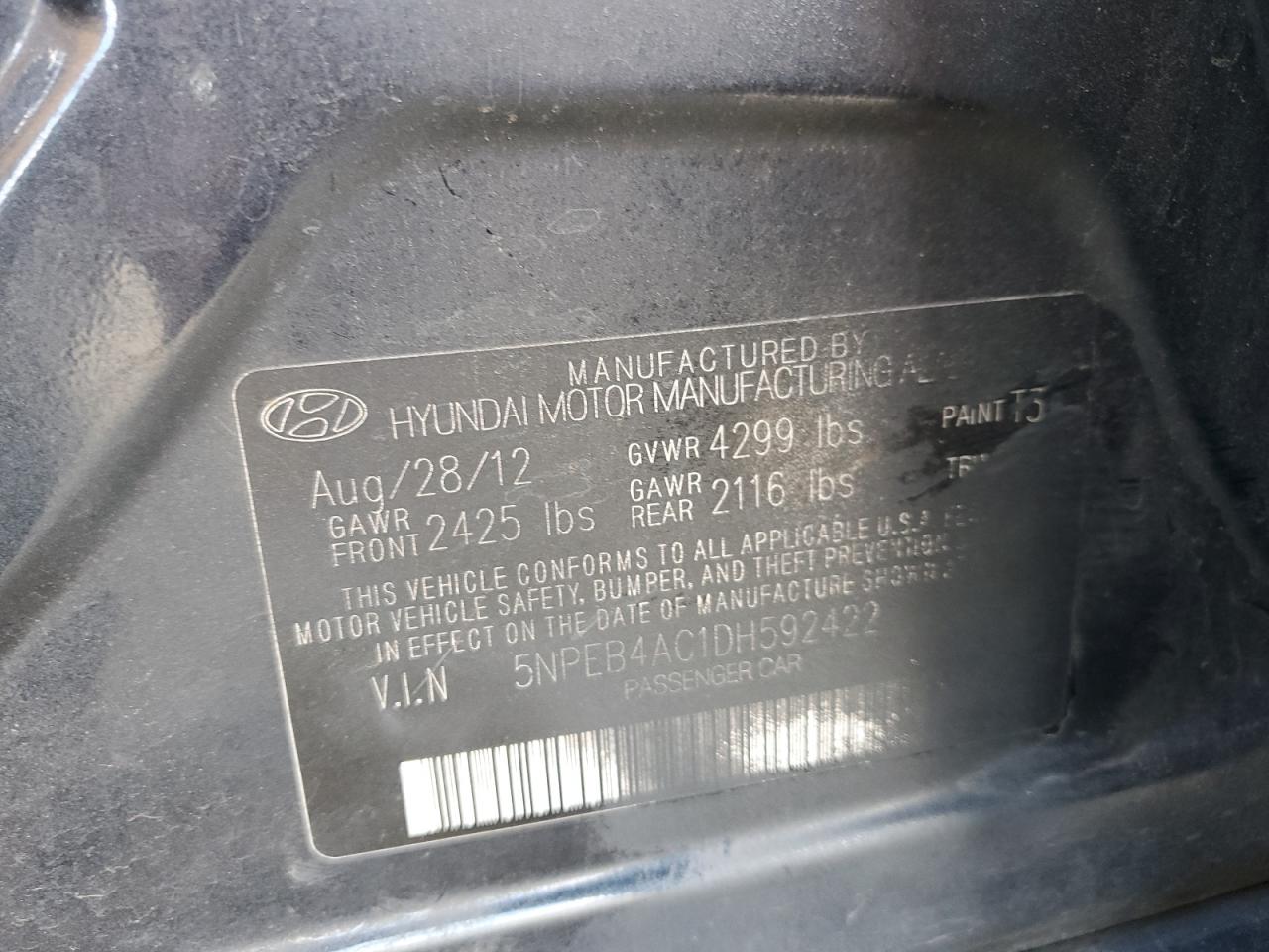 2013 Hyundai Sonata Gls VIN: 5NPED4AC1DH592422 Lot: 51632495