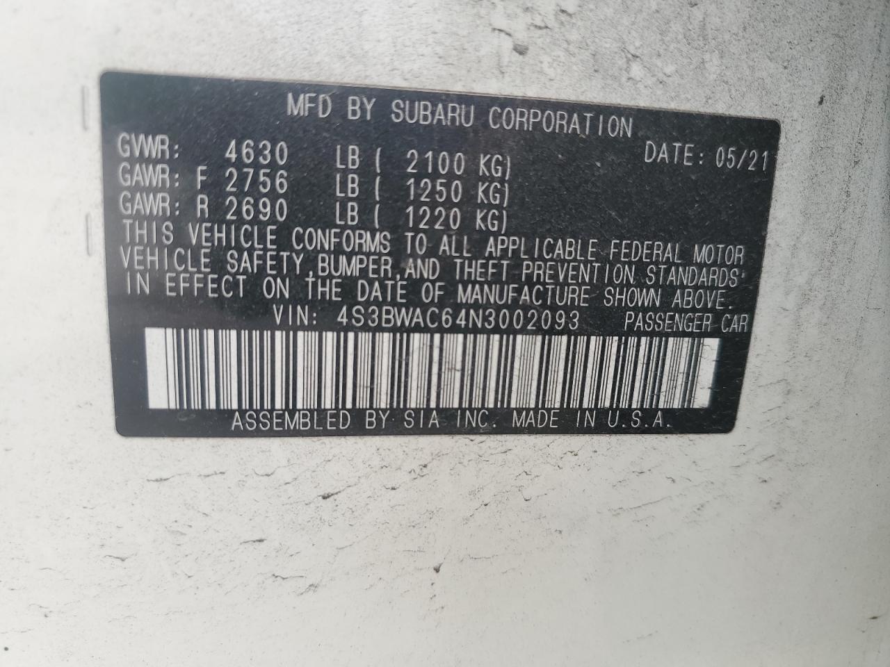 2022 Subaru Legacy Premium VIN: 4S3BWAC64N3002093 Lot: 54669255