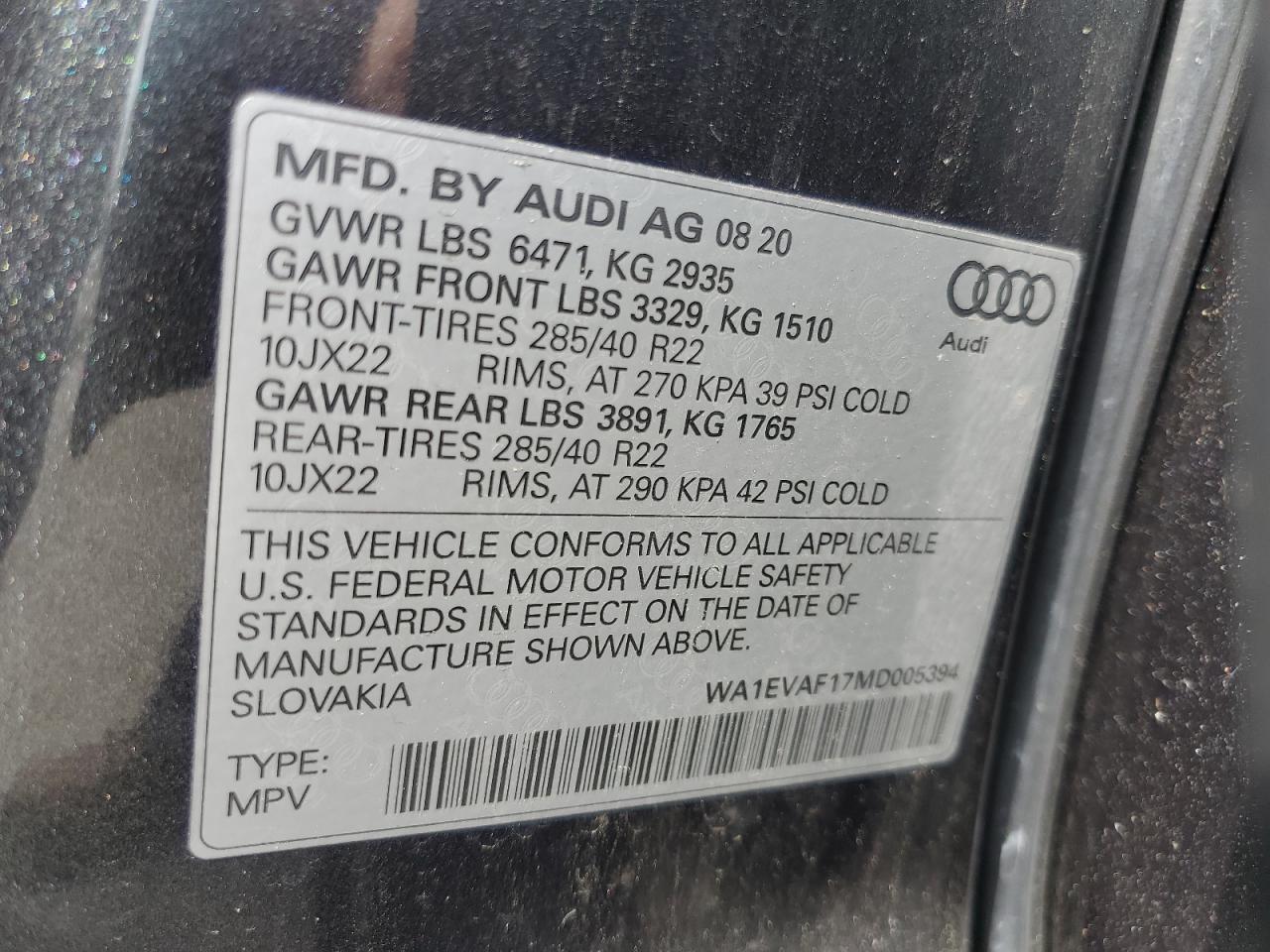 2021 Audi Q8 Premium Plus S-Line VIN: WA1EVAF17MD005394 Lot: 54001945