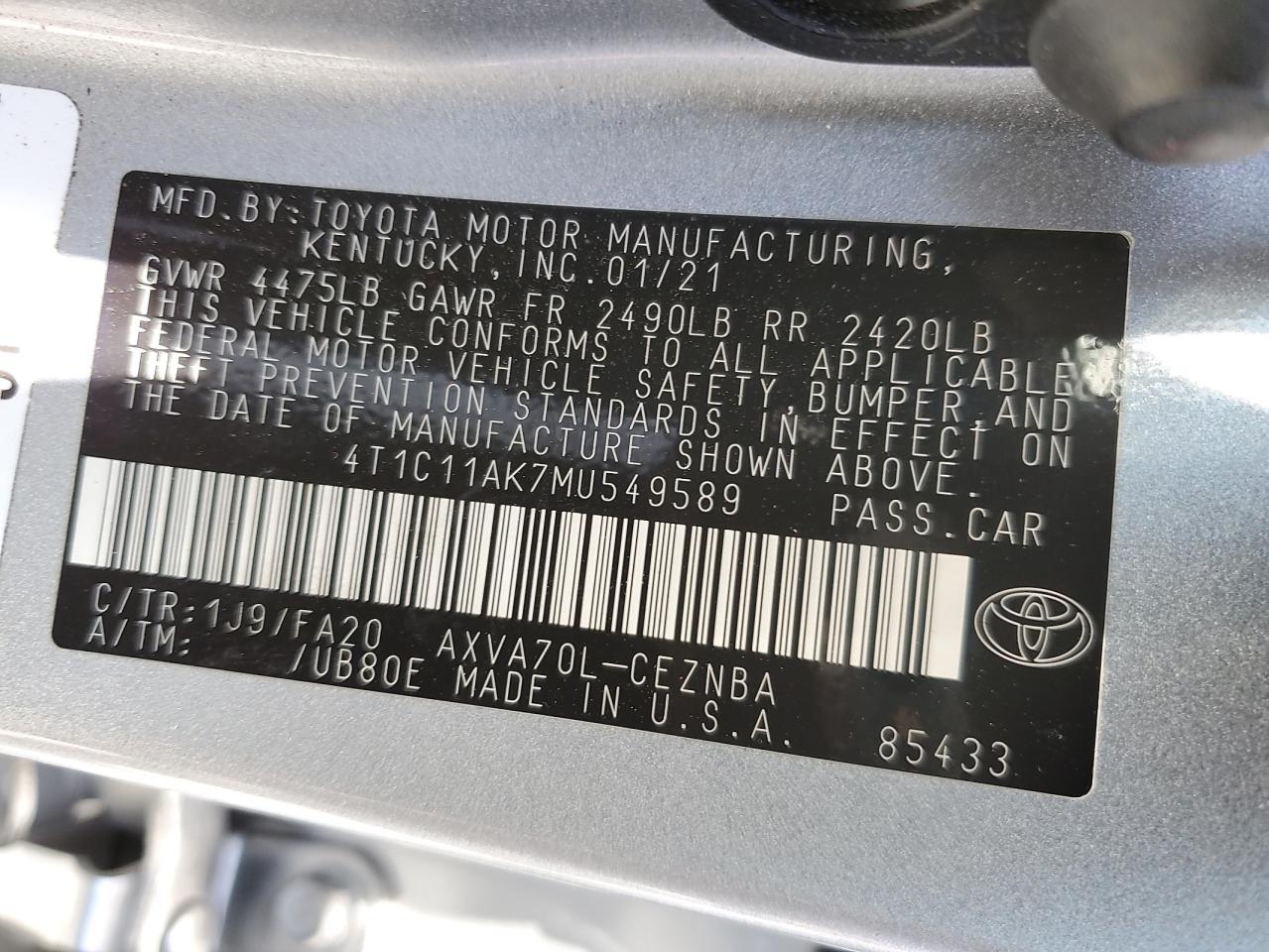 2021 Toyota Camry Le VIN: 4T1C11AK7MU549589 Lot: 54941595