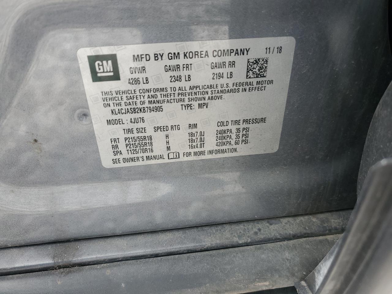 2019 Buick Encore Preferred VIN: KL4CJASB2KB794905 Lot: 53810685