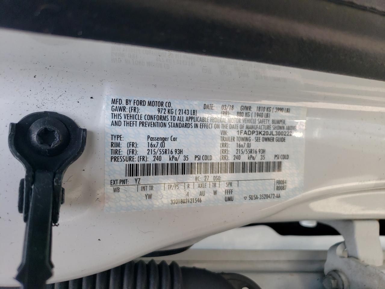 1FADP3K20JL300222 FORD FOCUS 2018