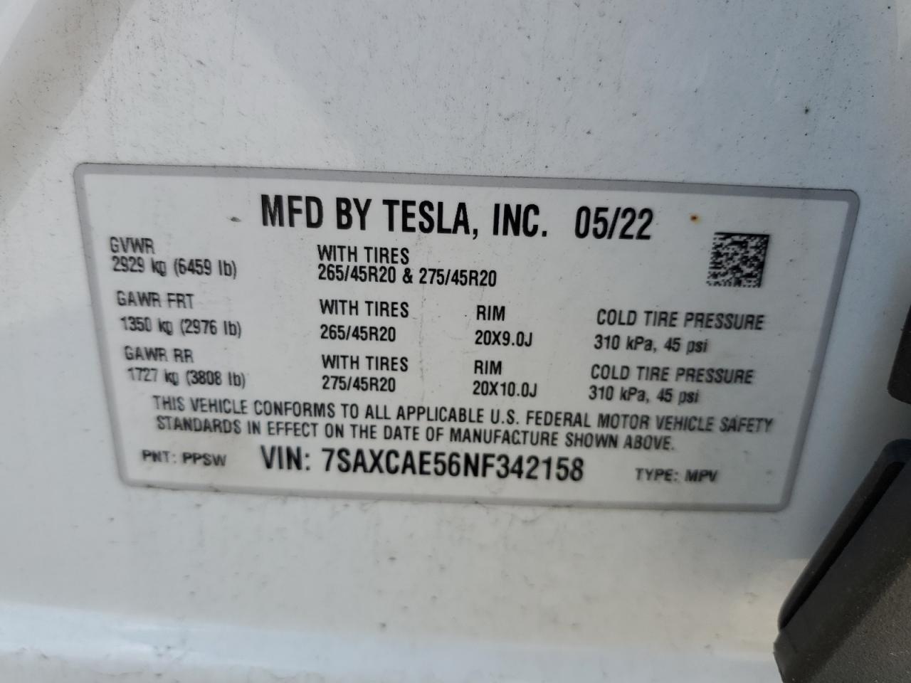 2022 Tesla Model X VIN: 7SAXCAE56NF342158 Lot: 51333725