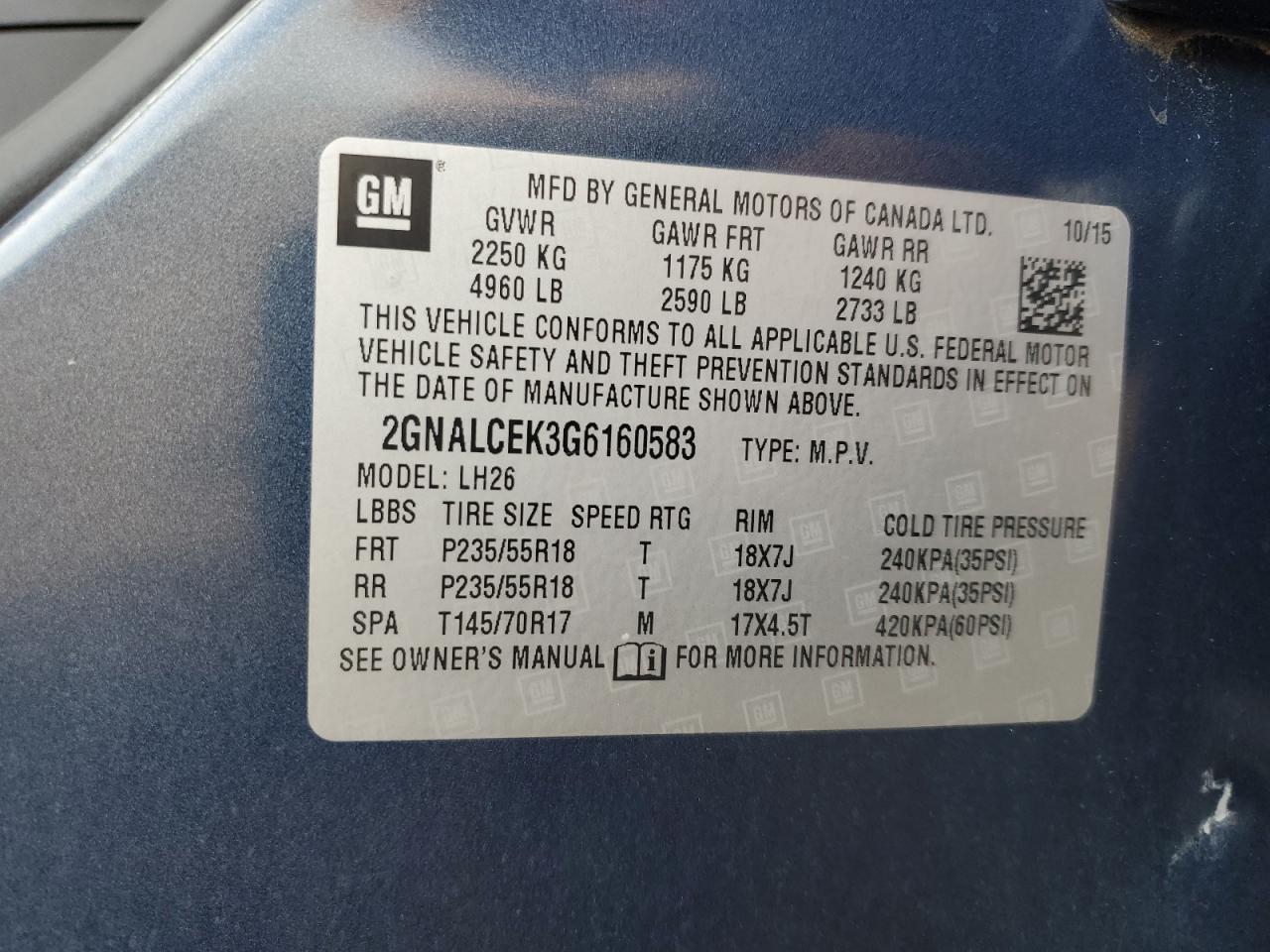 2016 Chevrolet Equinox Lt VIN: 2GNALCEK3G6160583 Lot: 50523325