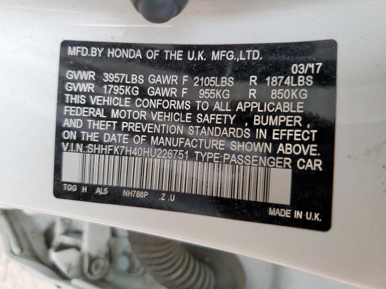 SHHFK7H40HU226751 HONDA CIVIC 2017
