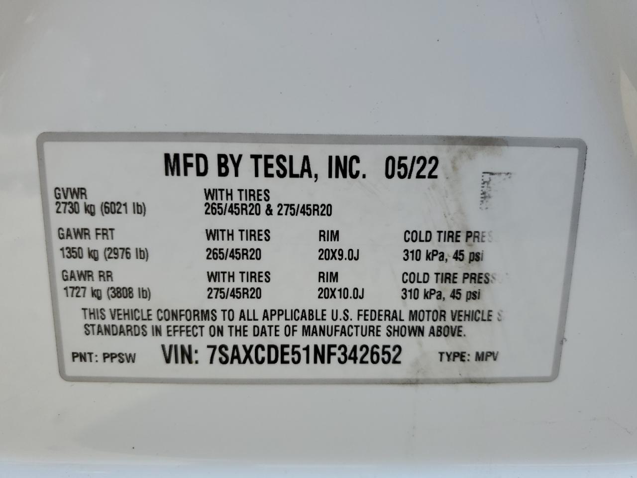 2022 Tesla Model X VIN: 7SAXCDE51NF342652 Lot: 42756105
