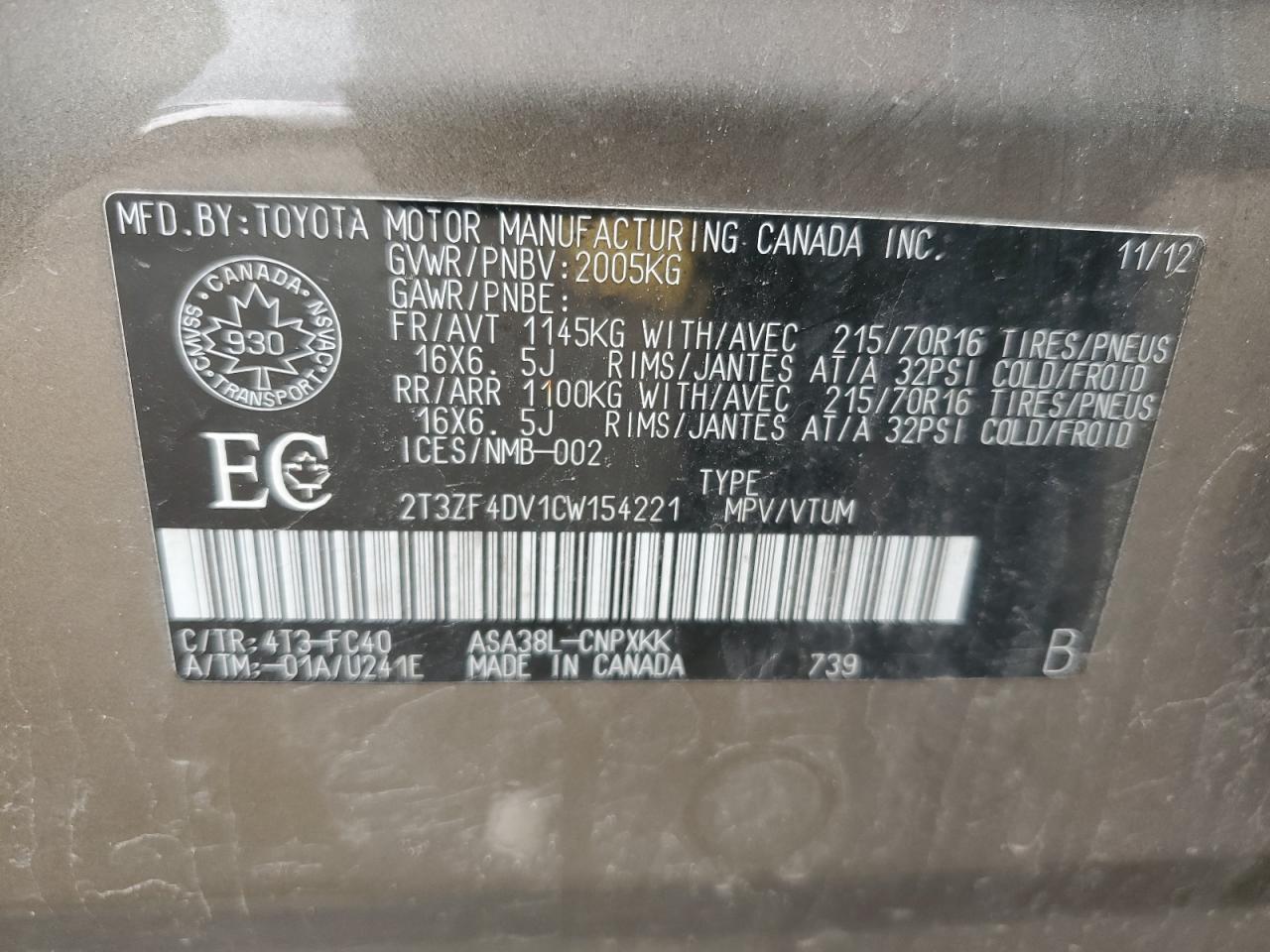 2012 Toyota Rav4 VIN: 2T3ZF4DV1CW154221 Lot: 54902725
