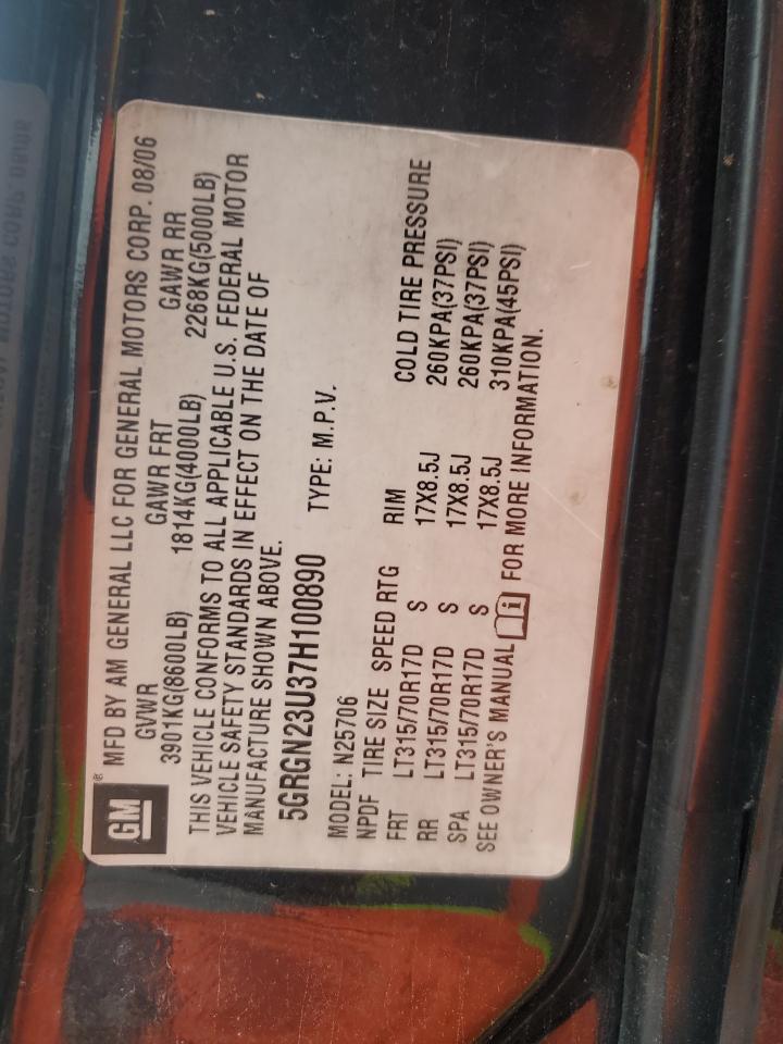 2007 Hummer H2 VIN: 5GRGN23U37H100890 Lot: 55267645