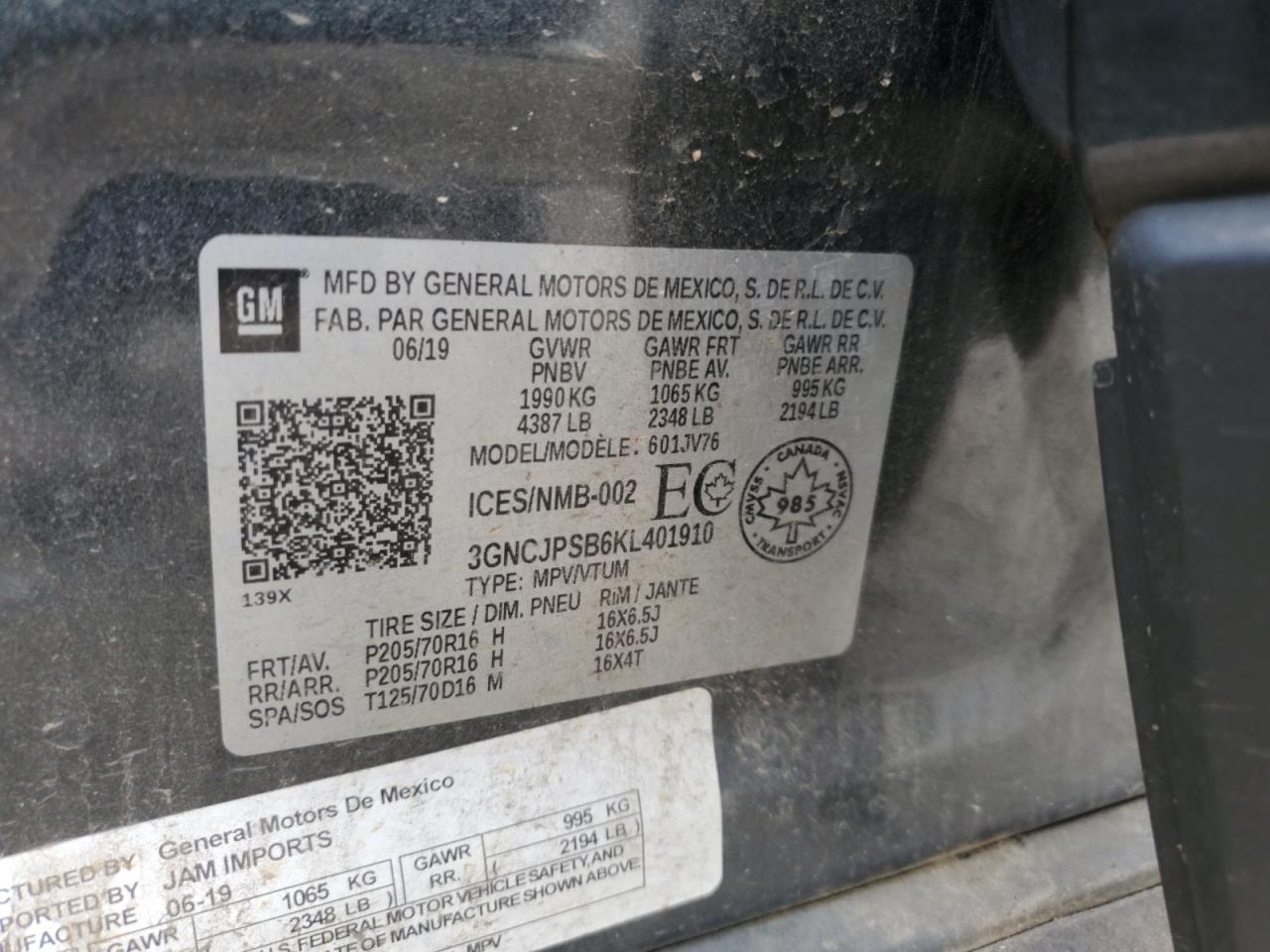 3GNCJPSB6KL401910 CHEVROLET TRAX 2019